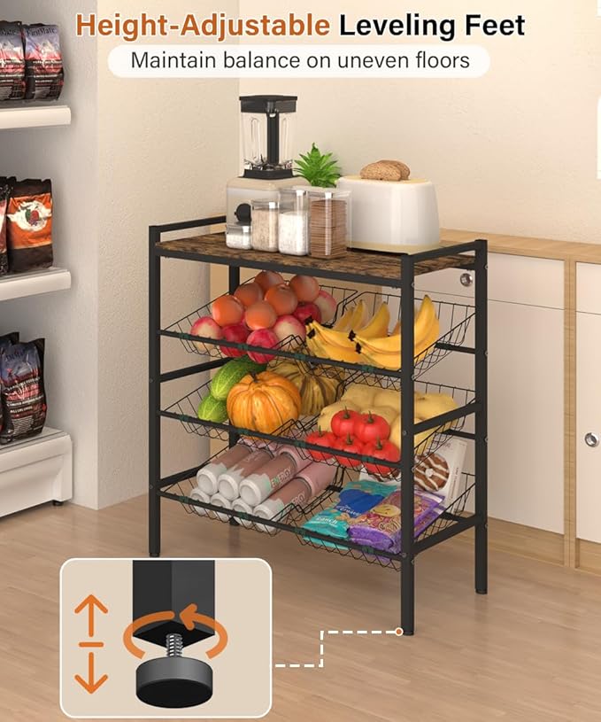 Kitchen Fruit and Vegetable Storage Rack, 4-Tier Fruit Basket Stand, Freestanding Snack Display Organizer Shelf, Small Kitchen Island with Wood Top for Pantry, Office, Living Room, Black
