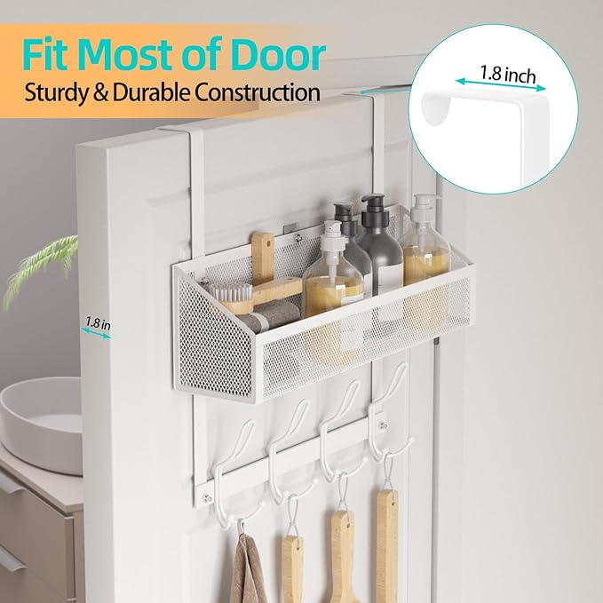 Over Door Hook Organizer, 12 Hook Over The Door Organizer with Mesh Basket - Back of Door Storage Towel Rack Space Saving Storage Organizer for Bedroom, Bathroom, Kitchen, Pantry, White