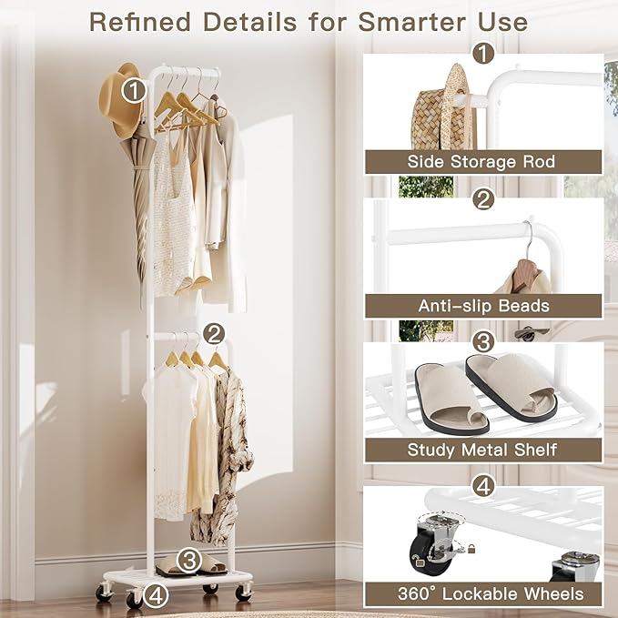 Small Clothes Rack with Wheels, 71" Portable Rolling Clothing Rack with Bottom Metal Shelf, Garment Rack with Hanging Rod, Sturdy Freestanding Coat Rack for Bedroom, Entryway, White