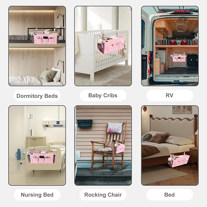 Surblue Bedside Organizer with Hook & Caddy Hanging Storage Bag with Adjustable Straps and Water Bottle Holder for Home, College, Dorm Bunk Bed & Crib Bed Rails Accessories, Pink