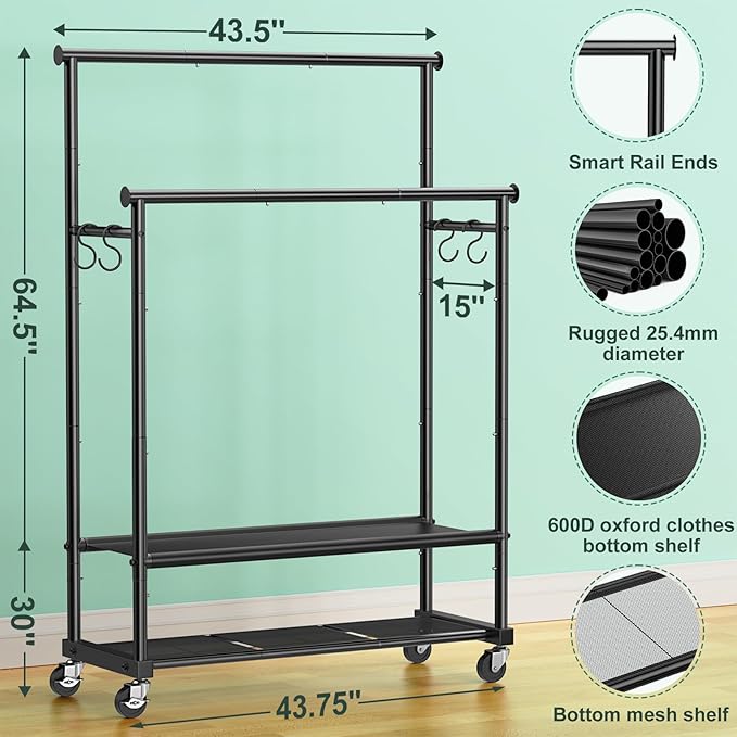 Rolling Clothes Rack with Doule Rod for Hanging, Heavy Duty Metal Garment Rack Load 350 LBS with Lockable Wheel, Free Standng Clothing Rack with 2 Shelves and Side Hooks for Home Commercial, Black