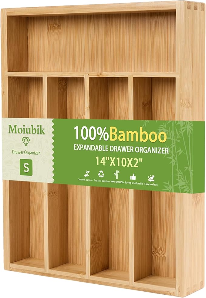 Bamboo Expandable Silverware Drawer Organizer, Adjustable Utensil Tray Cutlery Holder for Kitchen Drawer, Flatware Storage Organizer for Spoons, Forks and Knives, Natural 5 Slot