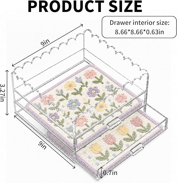 Scalloped Acrylic Tray, 9" x 9" Clear Acrylic Tray with Drawer for Needlepoint,Jewelry,Insert Photos, Art, Fabric, Napkin and Messages Display Basket, Decorative Tray Gift for Home Decor