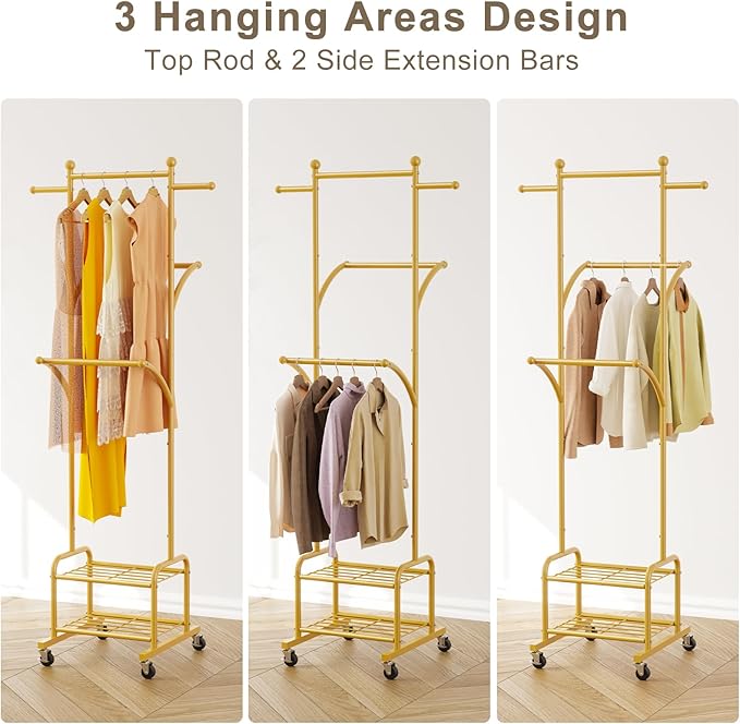 Rolling Clothes Rack with 2 Metal Shelves, 71" Portable Clothing Rack with Wheels, Small Garment Rack with 2 Side Hanging Rods, Freestanding Coat Rack for Laundry Room, Bedroom, Gold