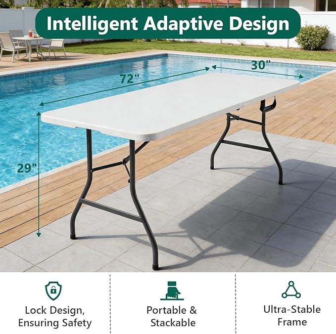 6FT Folding Table 6 Pack, Heavy Duty Plastic Table with Handel, 400lbs Portable Table, Reinforced Steel Legs, Fold-in-Half Table Ideal for Parties, Picnics, Weddings, Camping White