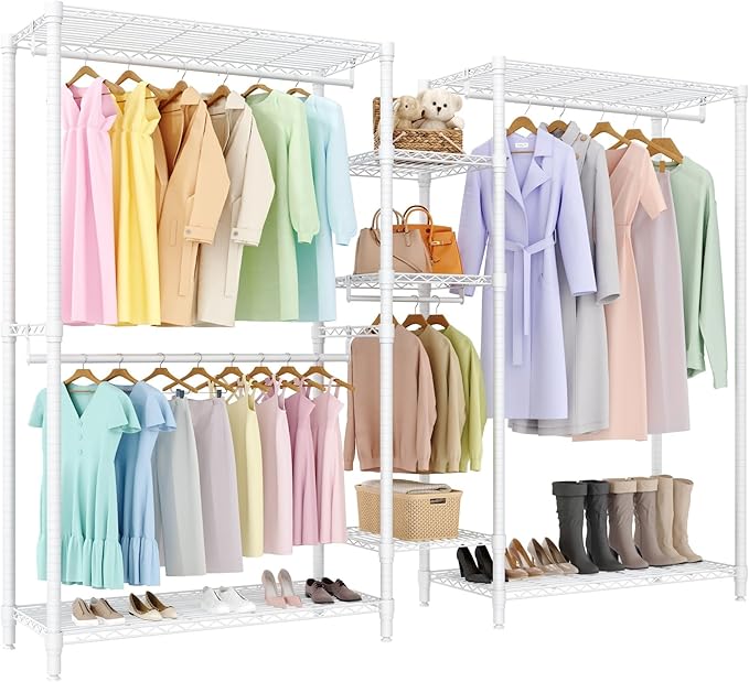 Freestanding Heavy Duty Garment Rack with Adjustable Shelves and Hanging Rods, Large 1630 Lbs Capacity Portable Closet Organizer for Bedroom or Cloakroom Storage, White