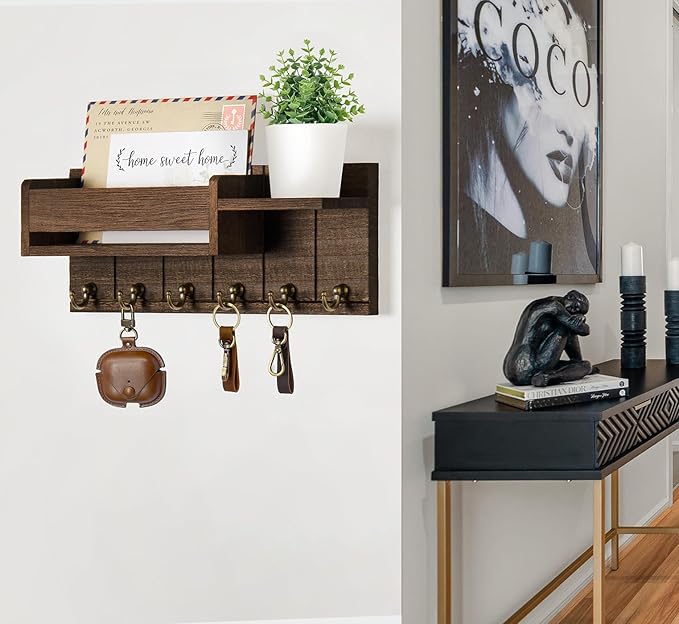 RelaxScene Key Holder Wall Mount - Decorative Key Rack and Mail Organizer with 6 Key Hooks - Wooden Key Hanger with Shelf for Living Room Decor - Rustic Farmhouse Home Entryway Aesthetic Essentials