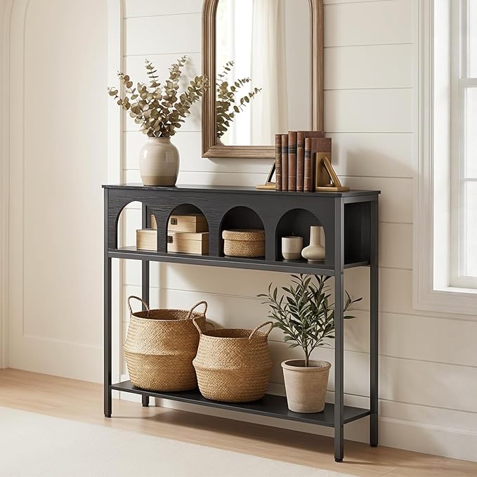 HOOBRO Modern Console Table, Entryway Table with 3-Tier Storage, Narrow Sofa Table Behind Couch with Arched Design for Living Room, Entrance, Hallway, Black BB106XG01
