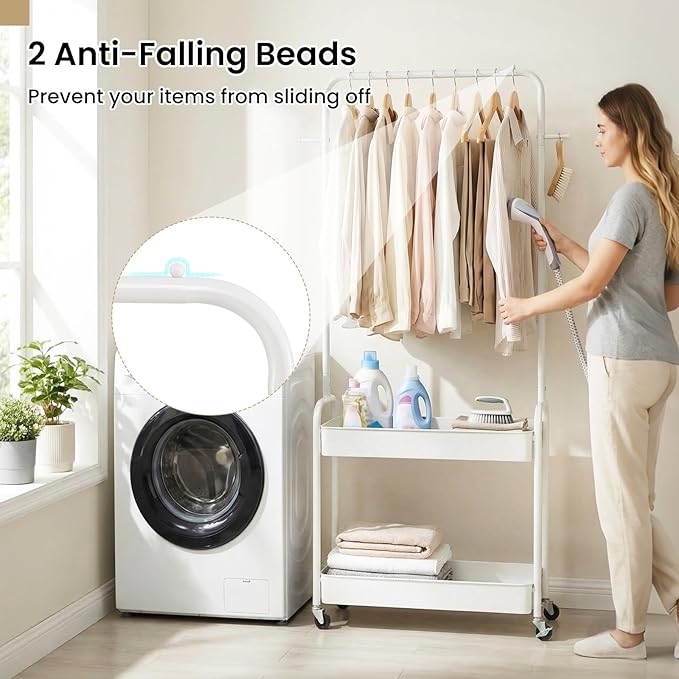 LDAILY Small Rolling Clothes Rack, Heavy Duty Clothing Rack with 2 Baskets, 4 Wheels for Hanging Clothes & Storage, Multi-Purpose Portable Closet for Bedroom, Living Room, Laundry, Small Space (White)