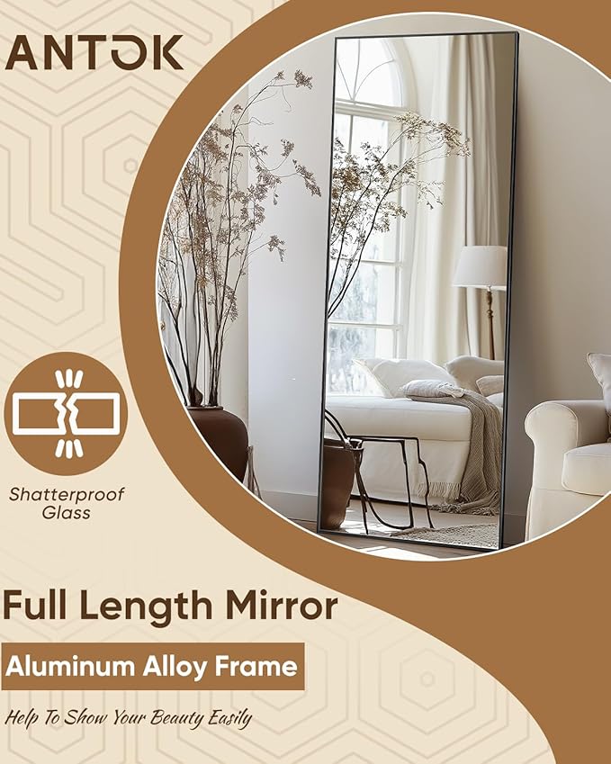 Antok Full Length Mirror, 56"x14" Floor Mirror, Floor Standing Freestanding Full Body Mirror with Stand for Bedroom, Hanging Mounted for Living Room Cloakroom, Black