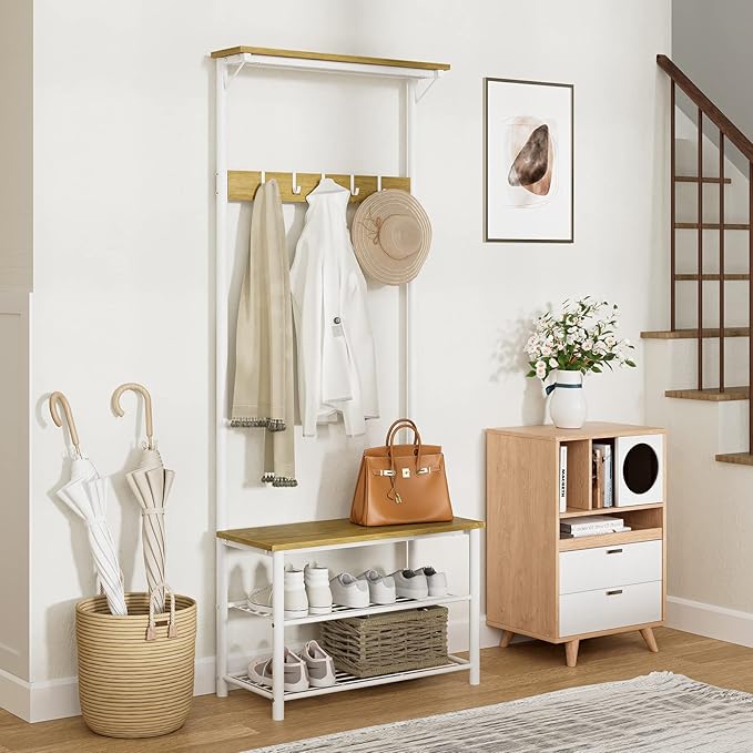 Hall Tree with Bench and Shoe Storage, 3-in-1 Coat Rack Shoe Bench, Freestanding Wooden Coat Rack with Metal Frame, 3-Tier Storage Shelf and 5 Removable Hooks, White