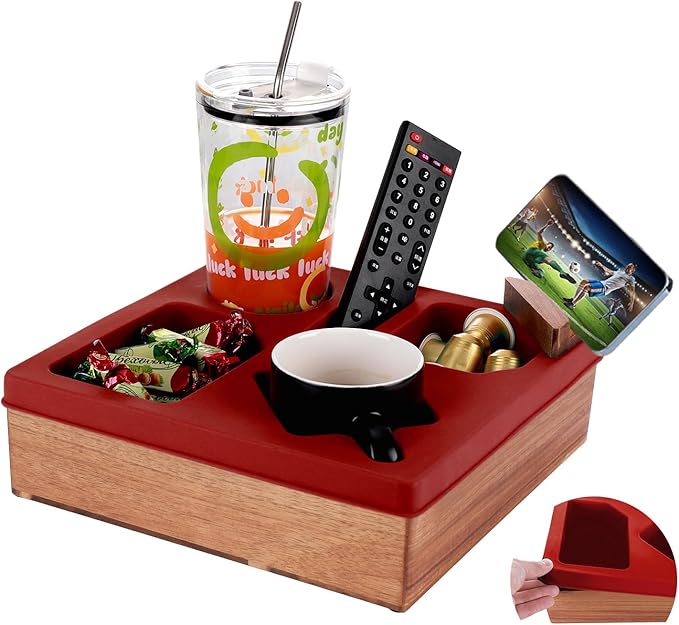 Couch Cup Holder Tray, Silicone Wooden Couch Caddy with Cup Holder for Snacks, Drinks, Remotes, Waterproof Cup Holder for Couch, Organizer, Couch Drink Holder, (red)