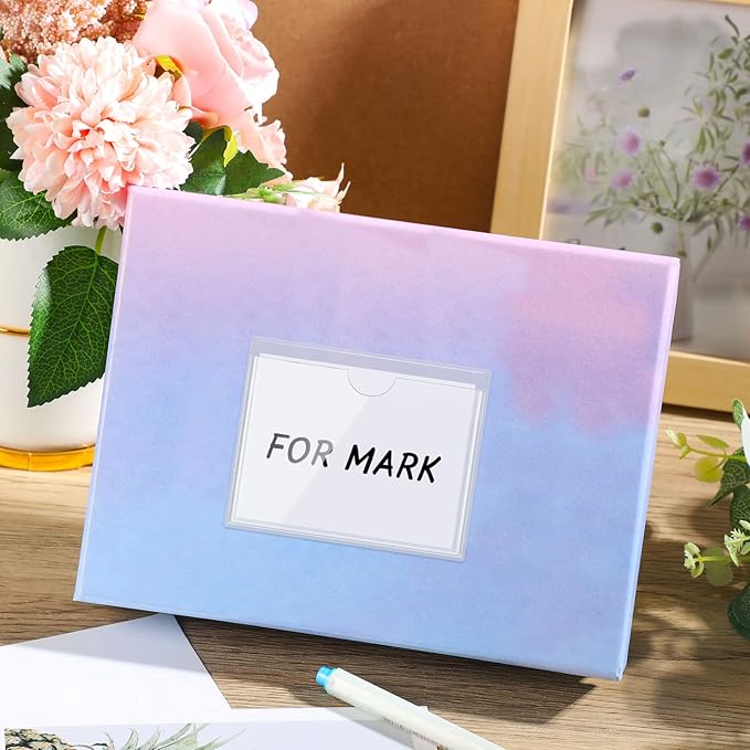 Outus 200 Pack 3.1 x 3.9 Inch Self Adhesive Label Pockets Bulk Plastic Labels Holders for Storage Bins Clear Classroom Nameplate Sleeves Index Card Tote Photos Waterproof Protect Office