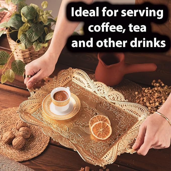 Gold Turkish Coffee Tea Serving Tray Table Home Decor Decorative Handle - Gold Vintage Brass Fancy Rectangle Style Traditional Rustic Bar Outdoor Wedding Arabic Farmhouse Wedding Decor Tray