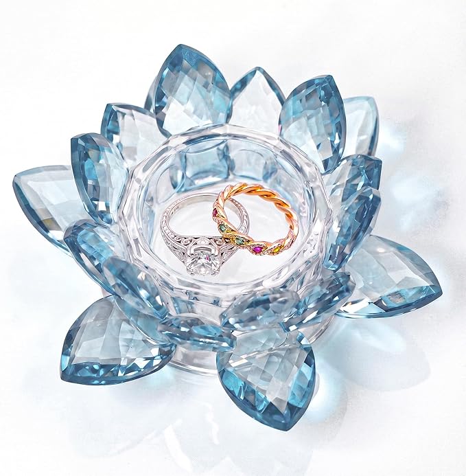 Crystal Flower Jewelry Tray, Luxury Transparent Decorative Trinket Dish for Rings, Earrings, Necklaces, Keys for Vanity Dresser Nightstand, Elegant Gift for Women Mother's Day (1, 4.4"(w) - Blue)