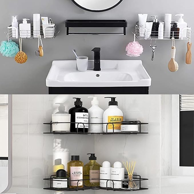 4 PCS Corner Shower Caddy Adhesive Sticker Replacement Hook, for Shower Caddy Bathroom Rack Shelf Soap Dish Basket Wall Hanging Hook with Strong Sticky, No Drilling Bath Toilet Kitchen Organizer