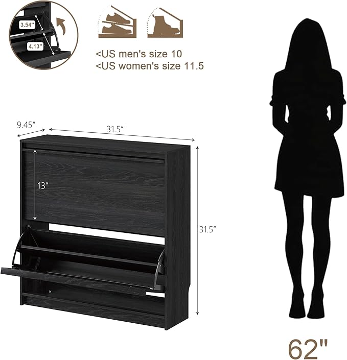 Shoe Cabinet with 2 Flip Drawers, Modern Narrow Shoe Storage Cabinet Organizer with Adjustable Shelf, Hidden Freestanding Shoe Rack for Entryway, Hallway, Living Room, Black