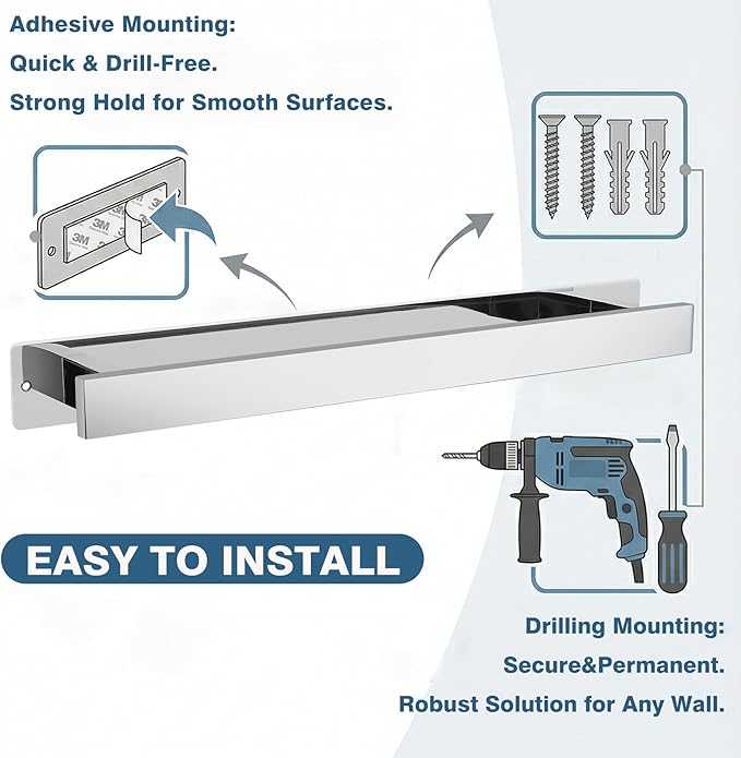 Bathroom Towel Bars,16-Inch Stainless Steel Towel Bar for Large Towel,Strong Self-Adhesive/Screws Wall Mounting,Rust-Proof,Towel Holder for Bathroom and Kitchen Storage (Chrome)