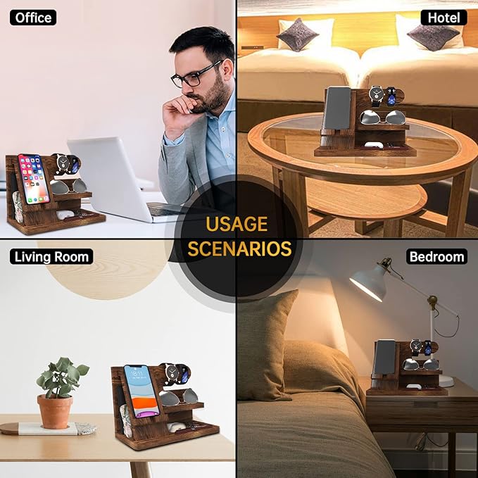 Gifts for Men Wood Phone Docking Station Birthday Gift for Men Valentines Day Gifts Father Gift for Him Boyfriend Nightstand Organizer Desktop Phone Stand