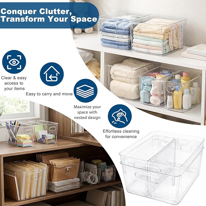 MOONEDGE 10 Pack Clear Plastic Storage Organizer Bins – 4 Large & 6 Deep Narrow, Nestable Space-Saving Storage Containers for Under Sink, Bathroom, Kitchen, Pantry & Cabinet Organization