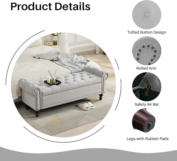 SOFTHION 58.1" Storage Bench Upholstered Velvet End of Bedroom Bed Bench Ottoman with Tufted Cushioned Rolled Arm Large Storage Space for Reading Living Room Entryway, Light Grey