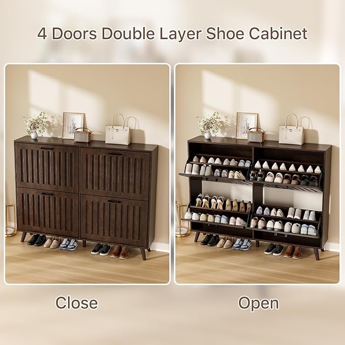 Shoe Storage Cabinet with 4 Flip Drawers, Modern Freestanding Organizer with Adjustable Shelf, Narrow Shoe Rack Cabinet for Entryway, Walnut
