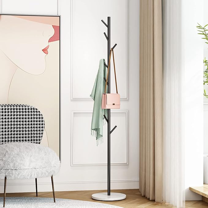 DOORXIFO Black Metal Coat Rack, Freestanding with Hooks, Entryway Coat Rack Stand, Coat Racks with Marble Base, Coat Tree for Hanging Clothes, Hats, Bags