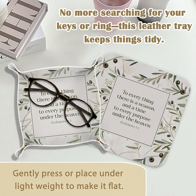 Christian Gifts Leather Jewelry Valet Tray,Religious Bible Verse Botanical PU Leather Catchall Beside Caddy Nightstand Organizer Tray for Jewelry Rings Watches Keys and Accessories,7.8x7.8inch