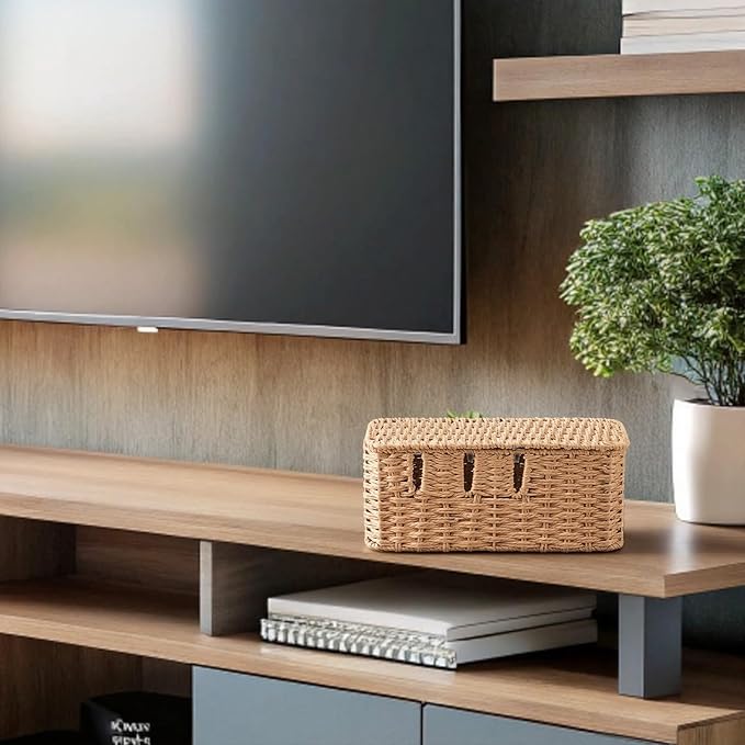 Cable Management Box with Lid Woven Paper Rope Desktop Cable Storage Box with 8 Open Slots Decorative Cord Hider Organizer Boxes for Home Office Living Room Decor, 13" x 5.1" x 5.1"