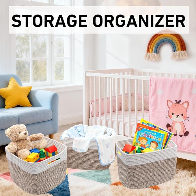 3 Pack Woven Rope Storage Baskets for Shelves,13.5"×11"×9.5" Storage Bins with Handles,Empty Gift Baskets,Nursery Organizer for Toys,Towels,Books,Closet,Living Room,Bedroom (White & Brown)