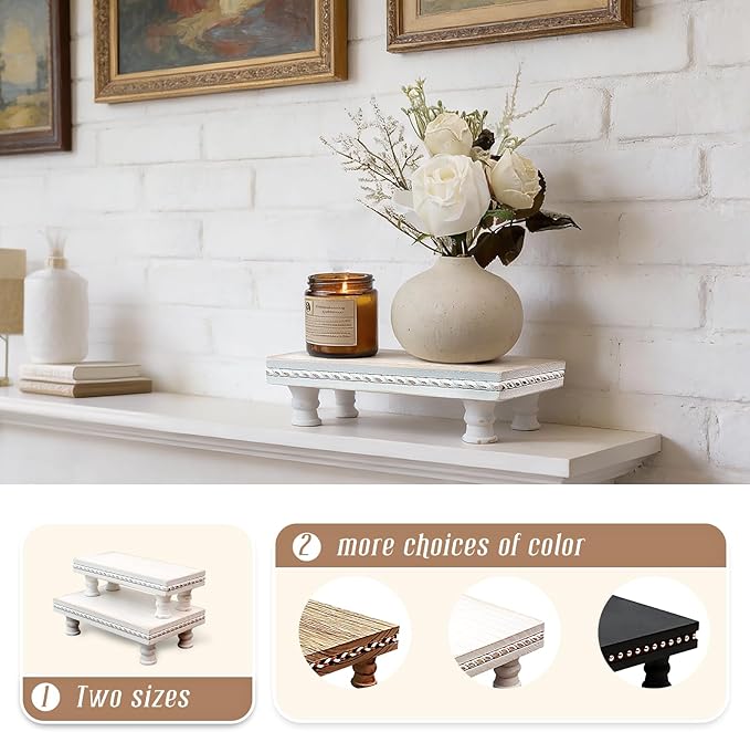 Wood Tray Pedestal Stand, Waterproof Bathroom Counter Organizer, Modern Farmhouse Riser for Soap/Candle/Sponge White Small