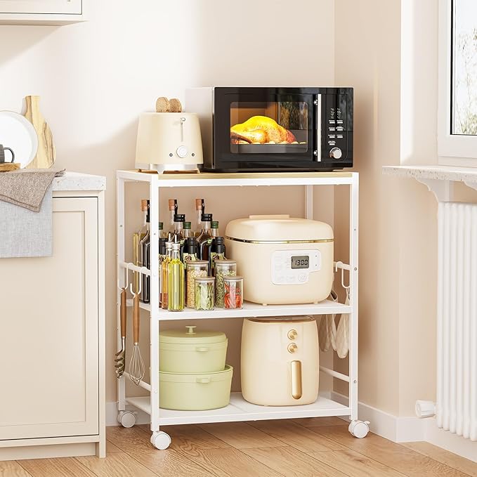 Rolling Kitchen Microwave Cart, 3-Tier Microwave Stand with Adjustable Shelf, Kitchen Storage Cart on Lockable Wheels, Coffee Bar Cart Shelf Rack Organizer for Kitchen, Living Room, Office, Balcony