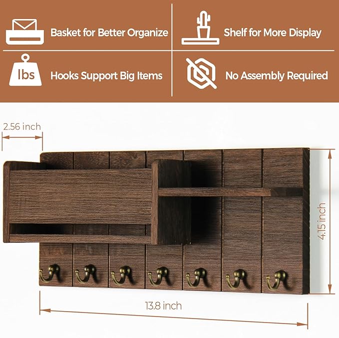 RelaxScene Key Holder Wall Mount - Decorative Key Rack and Mail Organizer with 7 Key Hooks - Wooden Key Hanger with Shelf for Living Room Decor - Rustic Farmhouse Home Entryway Aesthetic Essentials