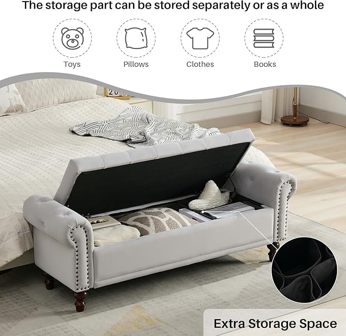 SOFTHION 58.1" Storage Bench Upholstered Velvet End of Bedroom Bed Bench Ottoman with Tufted Cushioned Rolled Arm Large Storage Space for Reading Living Room Entryway, Light Grey