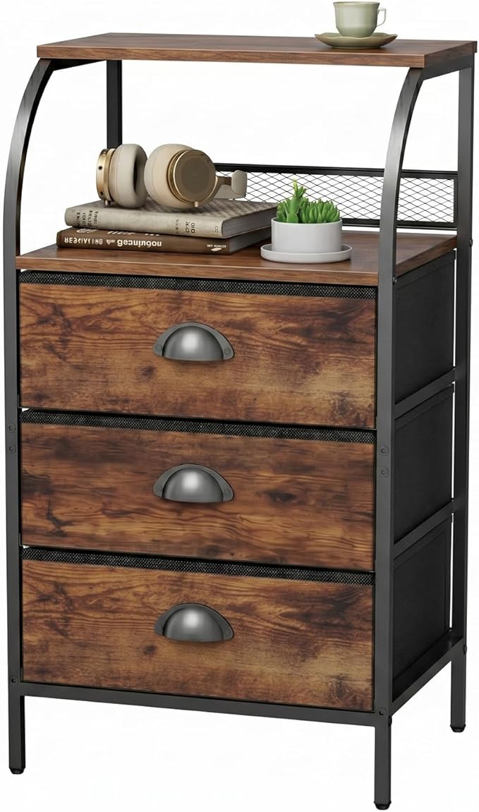 Nightstand with 3 Drawers, Bedside Table with 2-Tier Storage Shelf, Fabric Small Dresser Organizer, End Table Side Table, Living Room, Closet, Sturdy Steel Frame, Wood Top, Rustic Brown