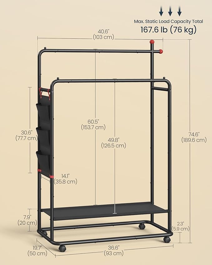 SONGMICS HOME Double-Rod Clothes Rack, Clothing Rack on Wheels, Portable Garment Rack, with 2 Clothes Hanging Rails, Fabric Shelf and Storage Bag, Matchstick-Shaped Hooks, Ink Black UHSR171B01