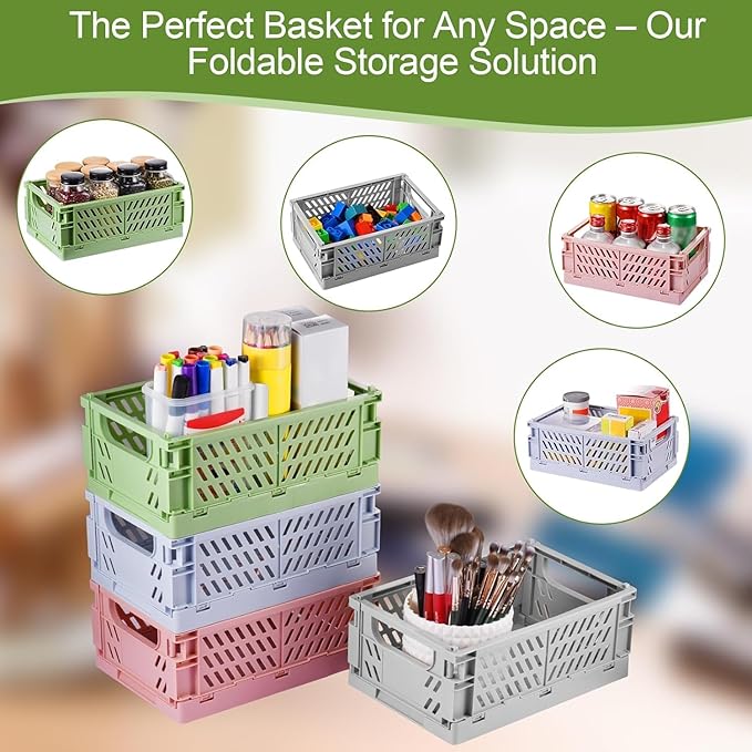 HUUSMOT 2-Pack Small Pastel Plastic Storage Baskets, Collapsible Crates for Organizing, Space-Saving Mini Bins for Classroom, Kitchen, Office, Bedroom (Grey, 9.8" x 6.5" x 3.8")
