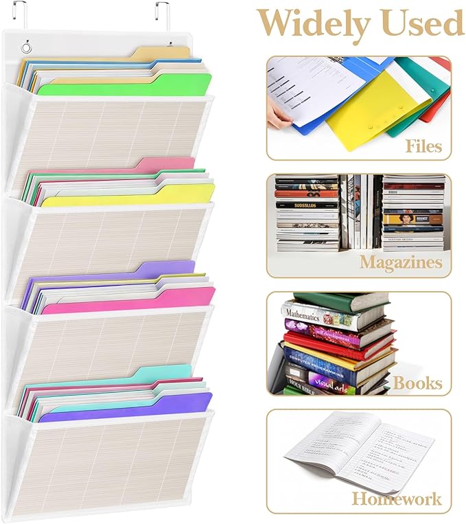 homyfort hanging wall file organizer, Over the door file folder organizer with 4 Large Bamboo Pockets, Suitable for Home, Office, Back to School Supplies Storage and Organization (White)