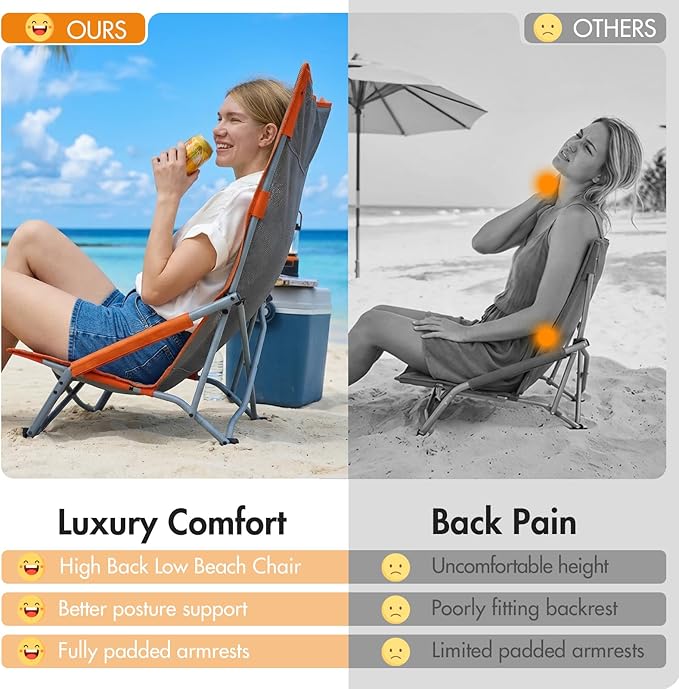 Portal High Back Beach Chair for Adults - Heavy Duty 350 lbs Folding Portable Sand Chair with Cup Holder & Side Pocket, Breathable Mesh Tall Camping Chair with Rotating Feet for Outdoor Travel Grey
