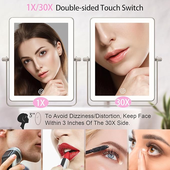 FASCINATE 5000mAh Rechargeable Wall Mounted Makeup Mirror, Bathroom Mirror Rectangle 8.7" Double Sided Touch Switch 1X 30X Magnifying, 3 Color Setting, Extended Arm 360° Swivel Foldable Nickel