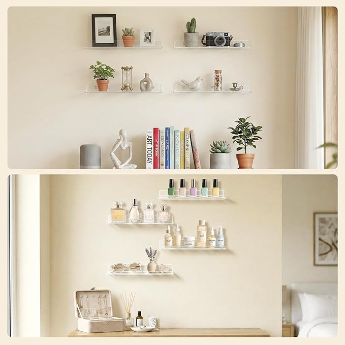 Lifewit Floating Shelves for Wall, Acrylic Display Shelf Wall Mounted for Figure, Car, Art, Book, 14" Perfume Organizer for Bathroom, Bedroom, Living Room, Nursery, Home Decor, Clear, 12 Pack