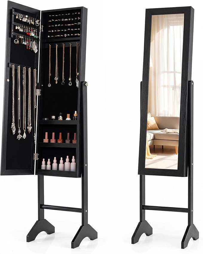 Giantex Jewelry Armoire with Full Length Mirror, Freestanding Jewelry Organizer Cabinet with Ring Slots, Earring Holders, Necklace Hooks & Storage Shelves for Bedroom (Black)