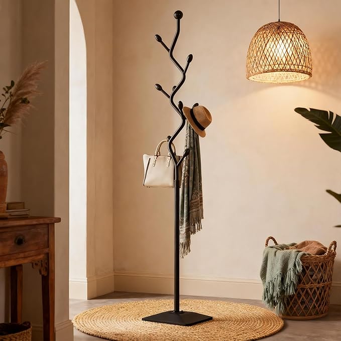 Coat Rack Freestanding Metal Coat Tree with 8 Hooks, Creative Design Tree Branch-look, Standing Coat Rack Coat Hanger Stand with Stury cast iron Base for Entryway, Hallway, Bedroom (black)