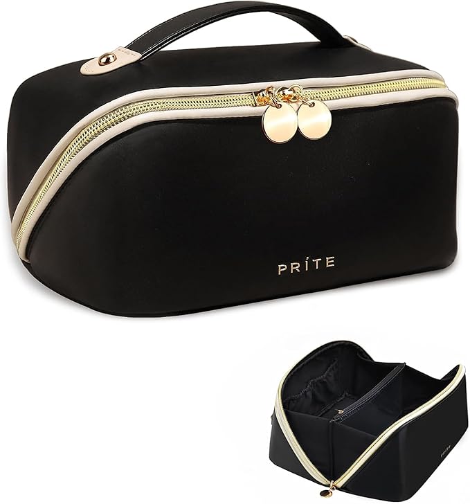 Prite Makeup Bag for Women Travel Waterproof Vegan Leather Cosmetic Bag Open Flat Toiletry Bag With Clear Divider and Handle (Black, Medium)