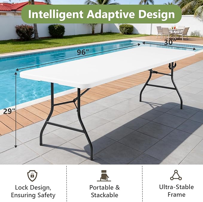 Folding Table 1 Pack, 8FT Folding Table Portable with Built-in Handle, Heavy Duty Plastic Table with Steel Legs Supports to 300lbs, Suitable for Party, Camping, Events Indoor&Outdoor Use, White