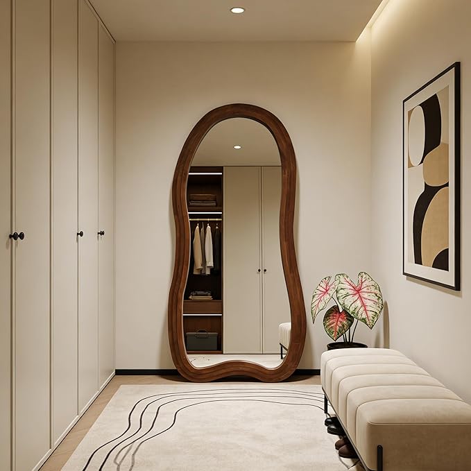 Large Irregular Floor Mirror, 67"x31.5" Asymmetrical Full Length Mirror with Triple Layer Solid Wood Frame, Organic Shaped Mirrors for Living Room Entryway Hallway Bedroom, Leaning/Hanging