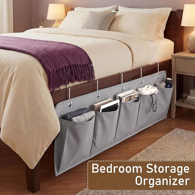 Extra Large Bedside Caddy Storage Bag 53 Inch Bedside Hanging Organizer Bedskirt Pocket Organizer Storage Bag Shoe Rv Pockets with Hook for Home Dormitory Hospital Camper Van Bunk Nursery Bed(Grey)