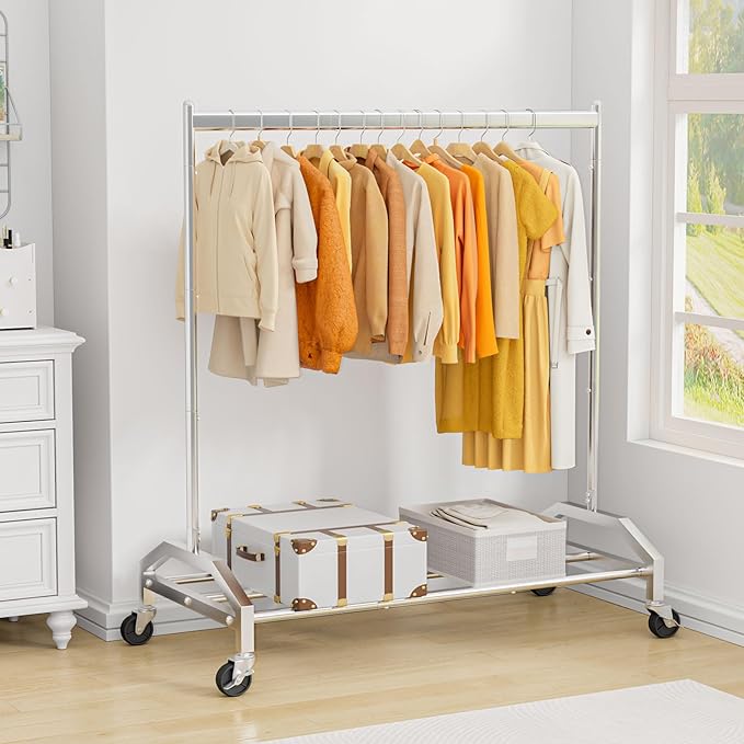 Wiracks Clothes Rack Clothing Rack with Wheels Rolling Clothing Rack for Hanging Clothes Garment Rack Loads 300 LBS for Bedroom, Laundry Room, Retail Store (Silver)