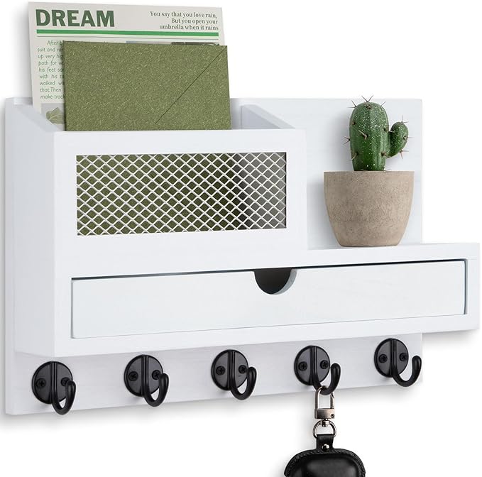Key Holder Wall Mount, Key Holder for Wall with 5 Key Hooks and Storage Drawer Mail Organizer for Entryway Living Room Farmhouse Home Decor