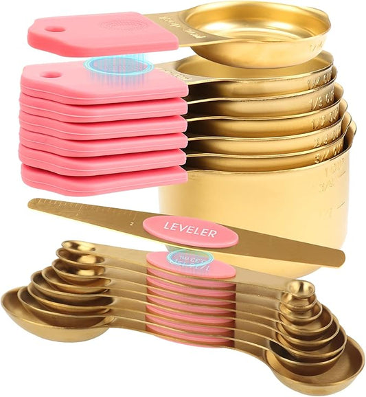 16-Piece Stainless Steel Measuring Cups and Spoons Set, Strong Magnetic Nesting Design 7 Cups 8 Spoons with Leveler, Double Measurement Markings for Dry & Liquid Ingredients, Pink & Gold
